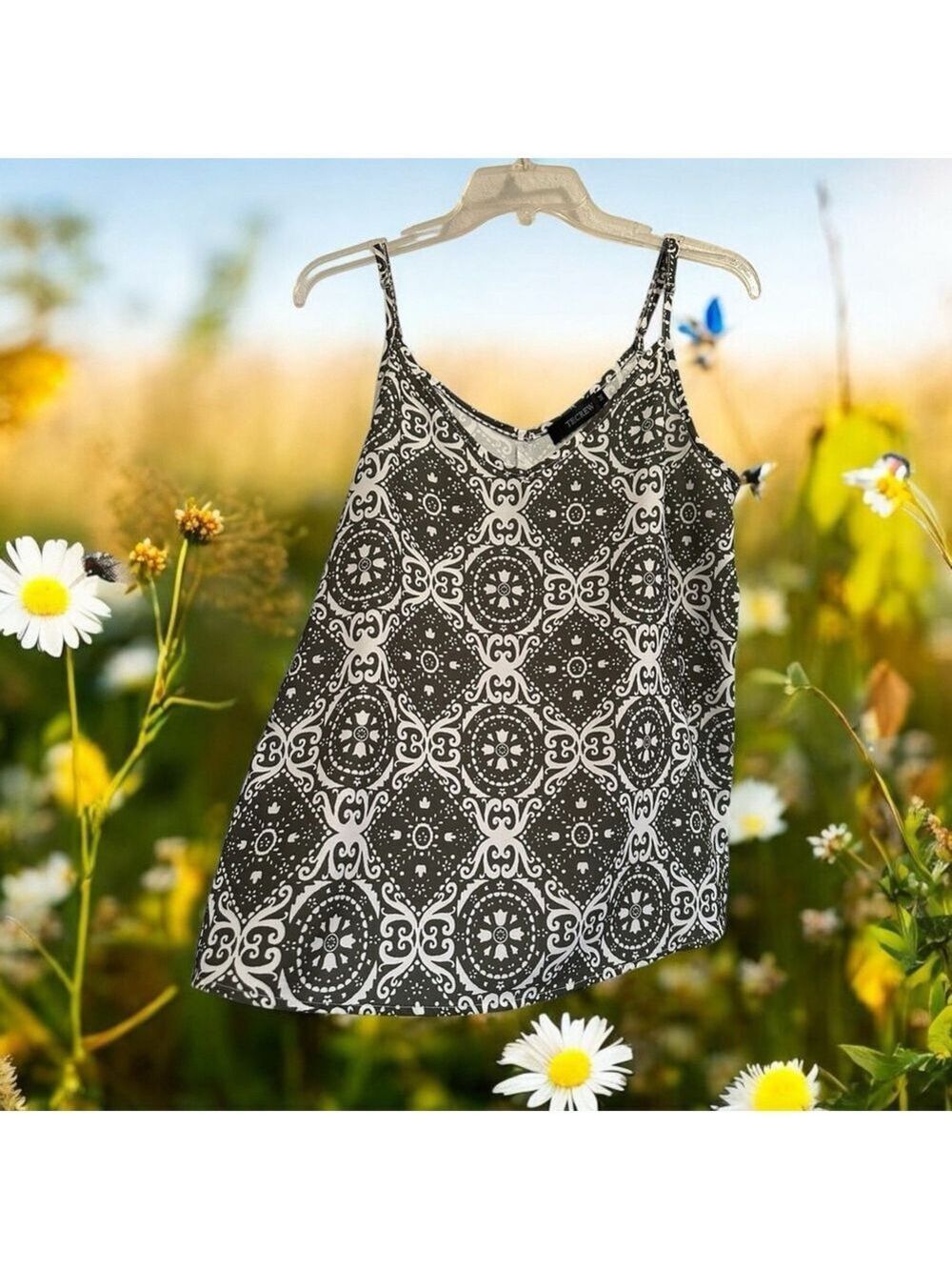 TECREW Southwestern V Neck Tank Top Sleeveless Blouse Womens M Green Cowgirl